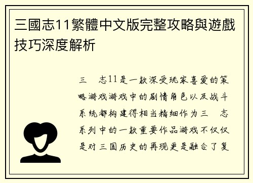 三國志11繁體中文版完整攻略與遊戲技巧深度解析